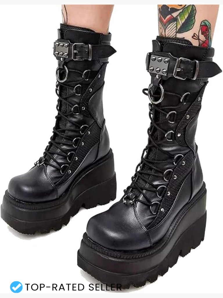 Women's Chunky Platform Combat Boots Lace Up Zipper Mid Calf Wedge Heel Punk